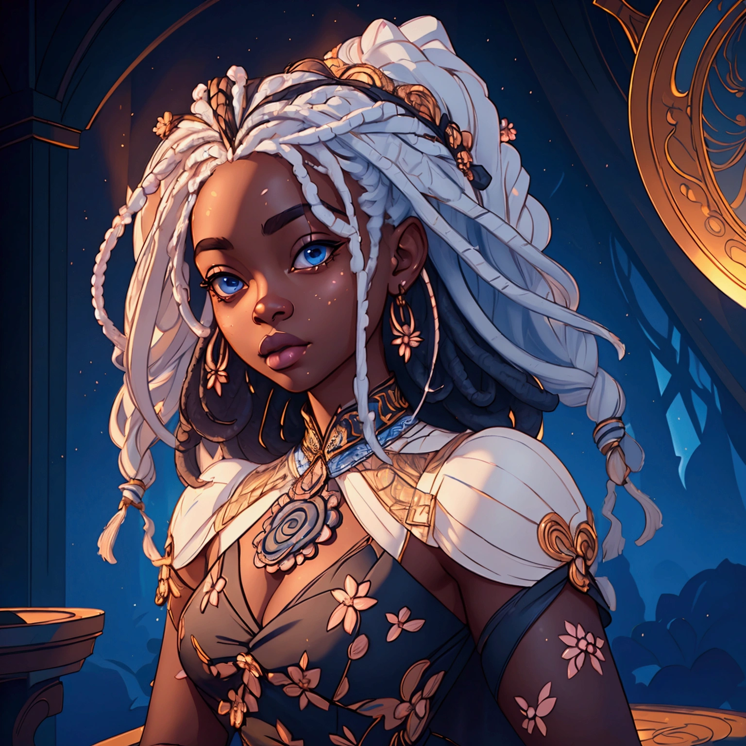 a beautiful ebony skinned girl,floral dress,alluring,soft,blue eyes,long white dreadlocks,detailed facial features,photorealistic,highly detailed,intricate details,natural lighting,warm color palette,cinematic lighting,elegant,refined,classy,masterpiece