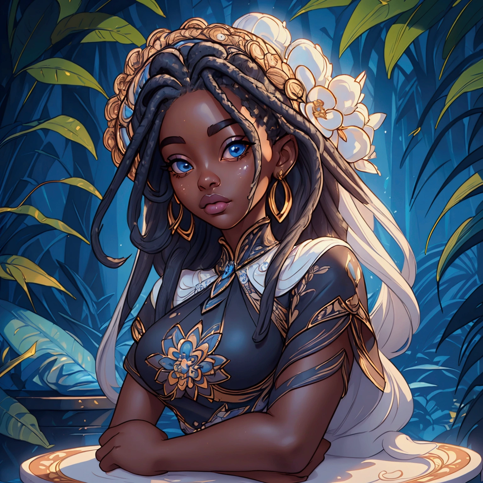 une belle fille à la peau d&#39;ébène,robe à fleurs,Séduisant,Doux,yeux bleus,longues dreadlocks blanches,traits du visage détaillés,Photoréaliste,très détaillé,détails complexes,éclairage naturel,palette de couleurs chaudes,Éclairage cinématographique,élégant,raffiné,chic,chef-d&#39;œuvre