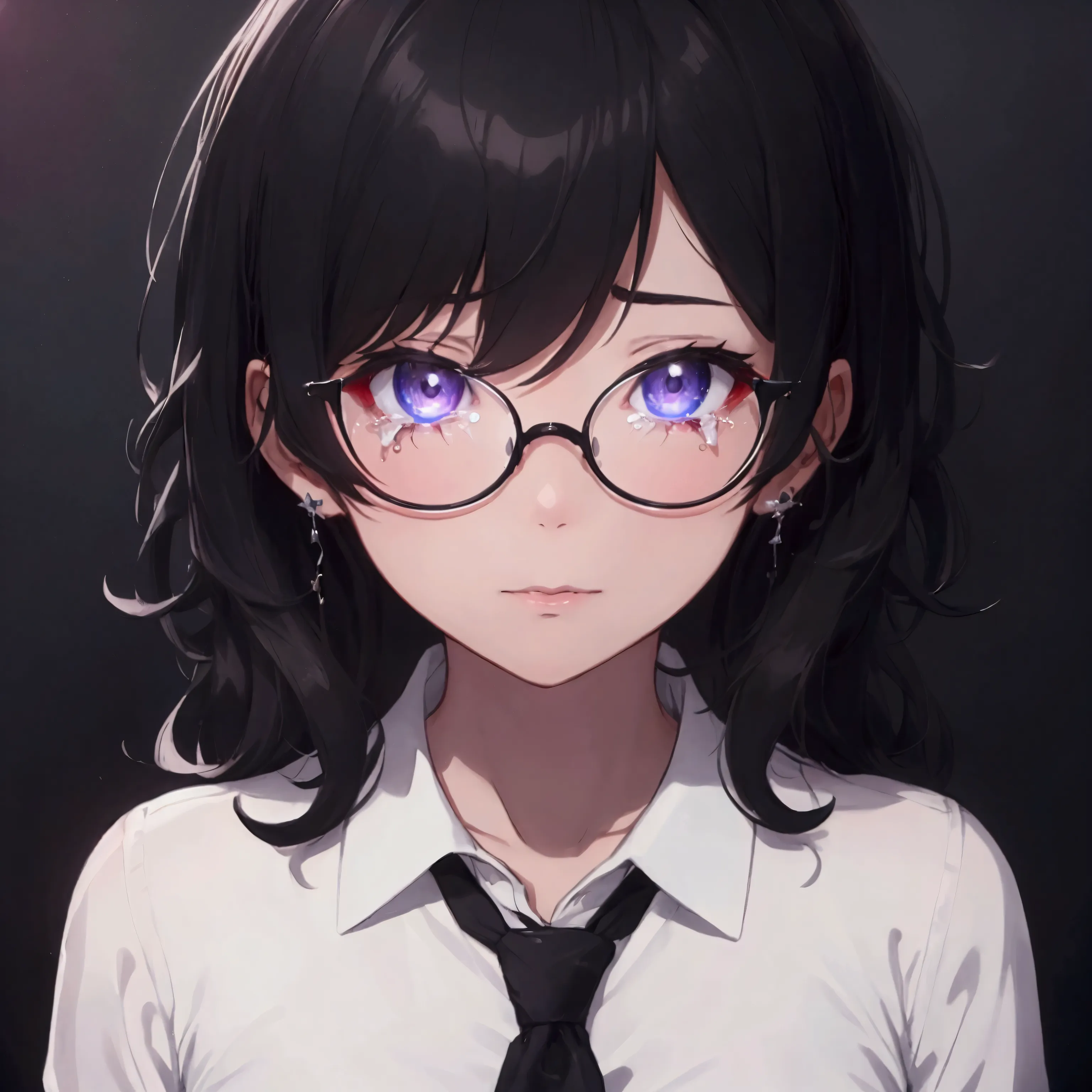 (1 boy), school boy, male, tie, holding a bool, cute boy, adorable, Thick black frame glasses, shy, black messy hair, bluish-gre...