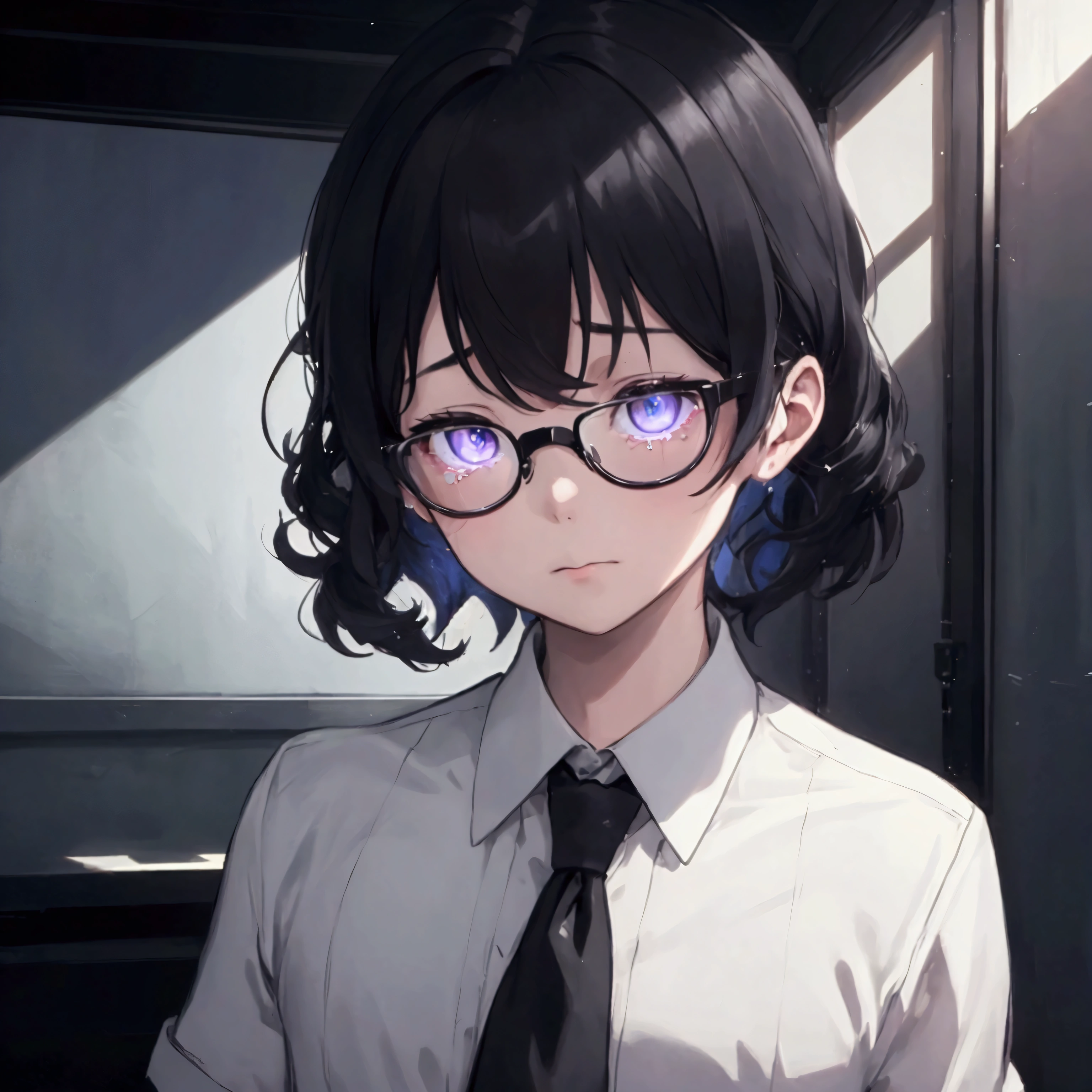 (1 boy), school boy, male, tie, holding a bool, cute boy, adorable, Thick black frame glasses, shy, black messy hair, bluish-grey eye color, wearing glasses, 4k, detailed, anime 4k, (Curly hair), from side, character focus, ((black light)),((dark lighting)), cinematic lighting ,(darkness), (concept art), high resolution,(incredibly absurdres) ,extremely detailed CG unity 8k wallpaper, ((masterpiece)), ((top-quality)), (beautiful illustration), ((an extremely delicate and beautiful)), (masterpiece, Best quality, ultra high resolution), Black hair, pale skin, ultra detailed eyes, Beautiful and detailed face, detailed eyes, (Centered, torso), (tears), (wide shot:0.9), facing the viewer, Eye level