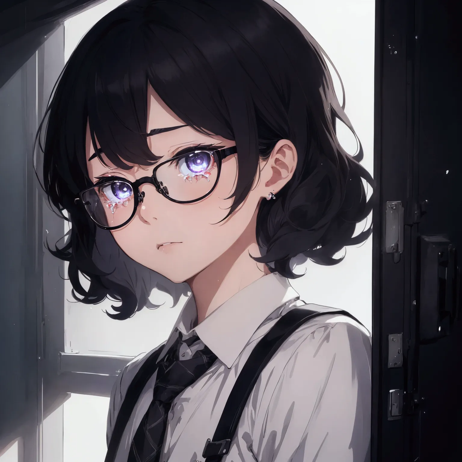 (1 boy), school boy, male, tie, holding a bool, cute boy, adorable, Thick black frame glasses, shy, black messy hair, bluish-gre...