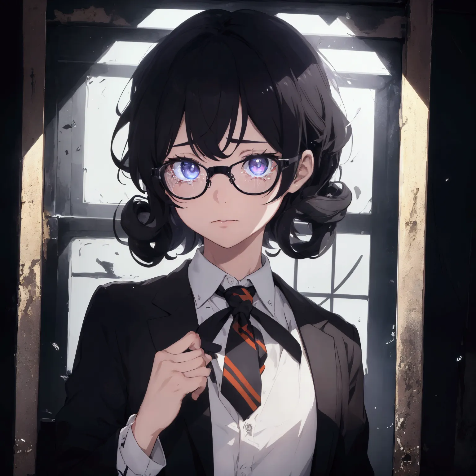 (1 boy), school boy, male, tie, holding a bool, cute boy, adorable, Thick black frame glasses, shy, black messy hair, bluish-gre...