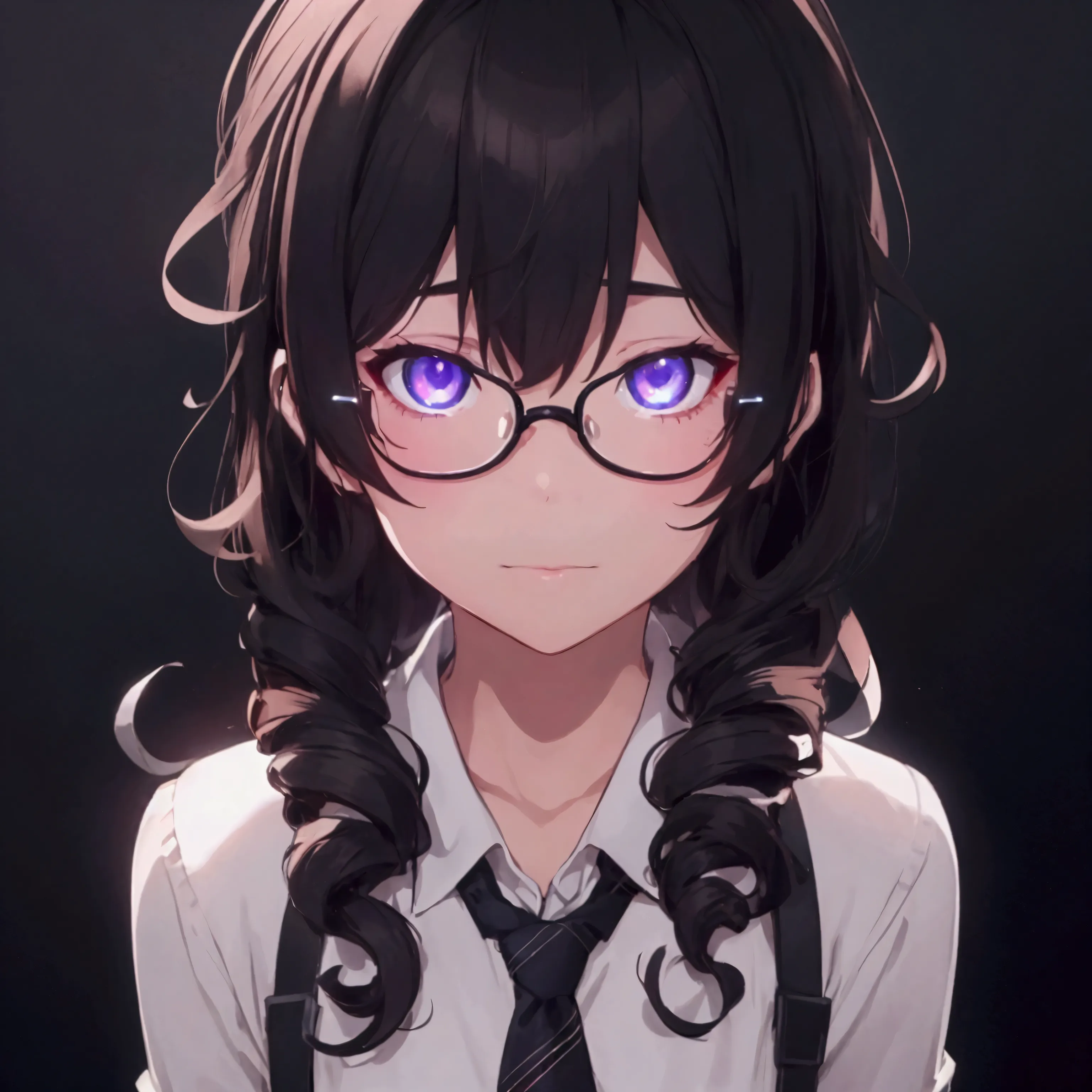 (1 boy), (school boy), male, tie, holding a bool, cute boy, adorable, Thick black frame glasses, shy, black messy hair, bluish-g...