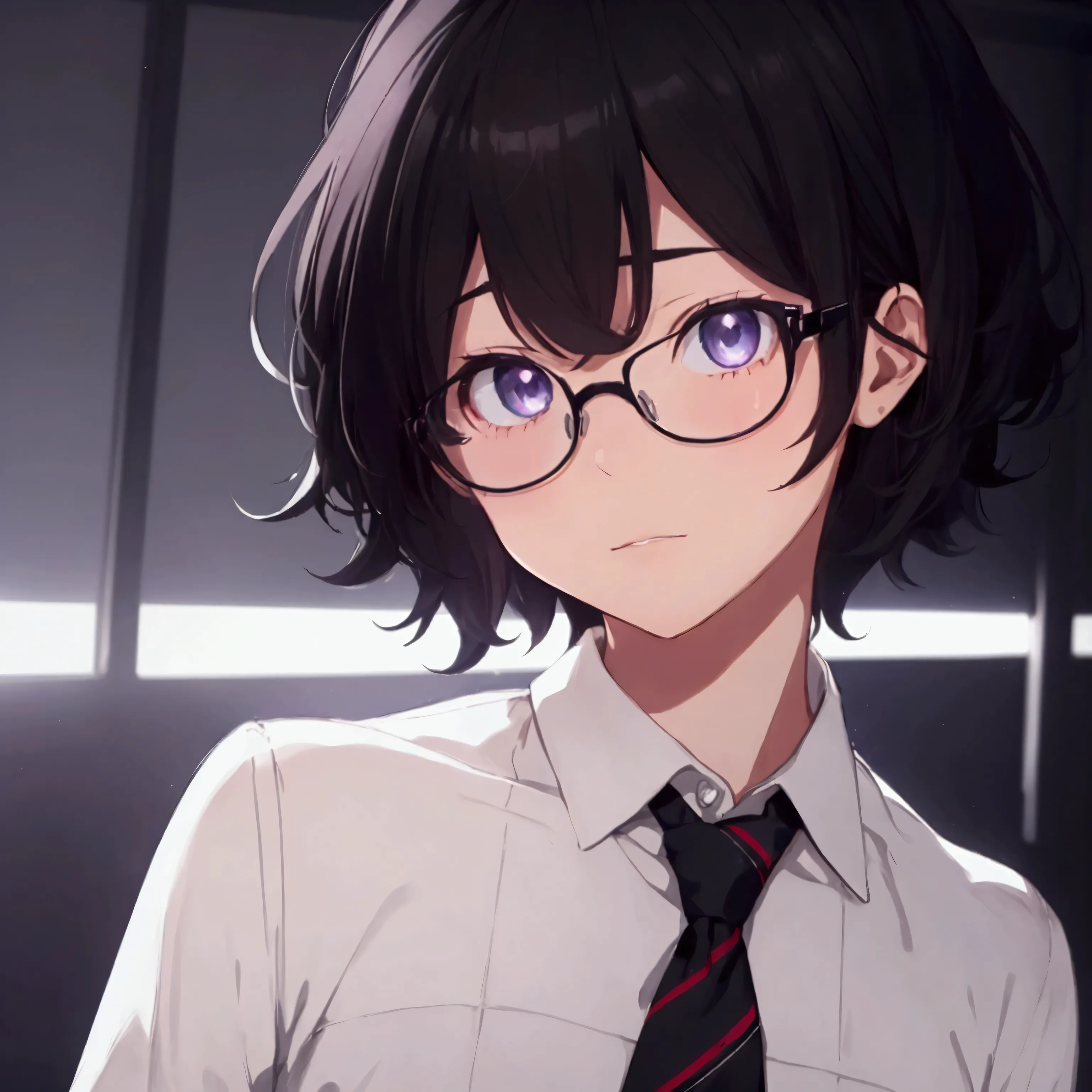 (1 boy), (school boy), male, tie, holding a bool, cute boy, adorable, thick black frame glasses, shy, black messy hair, bluish-g...