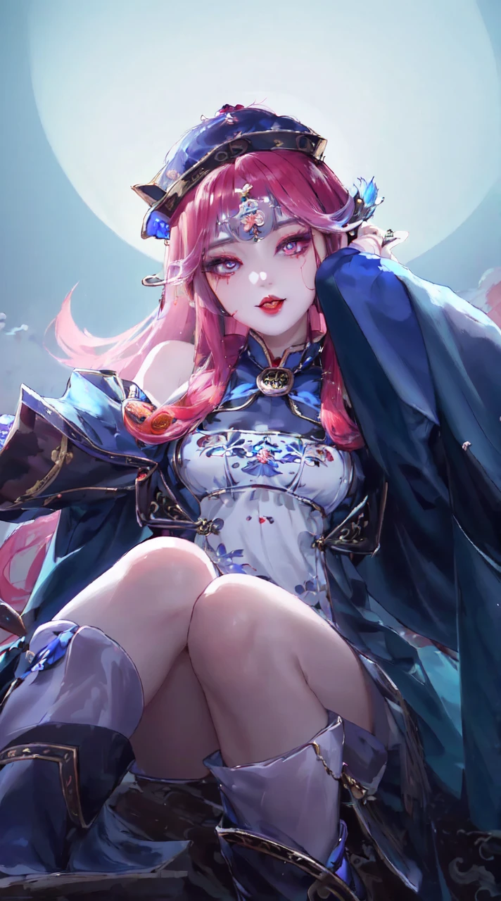 ((masterpiece)), ((best quality)), 8k, high detailed, ultra-detailed, intricate detail, Illustration, fantasy, surrealism, ((1girl:1.2)), Solo, portraying a Chinese-style jiangshi girl,  jiangshigirl costume, (huangfu paper on head), in a traditional costume, (night setting:1.2), (ancient village ruins:1.1), (eerie atmosphere), Jiangshi girl in a classic pose, (ancient charm:0.8), Detailed depiction of the jiangshi girl with jiangshi pose, (moonlit night), (mystical fog), (traditional charm), (detailed eyes:1.1), (black hair), (pale skin), (red lips), Balanced and harmonious composition, Cinematic lighting with moonlight, Visual effects with eerie details, Maxon Cinema 4D,,