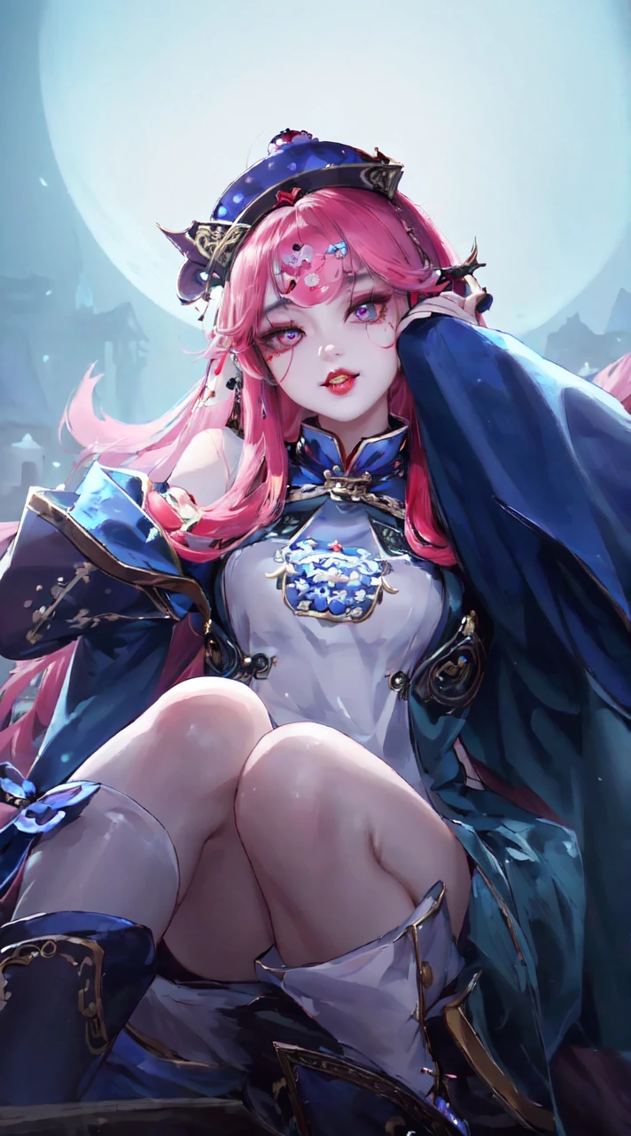 ((masterpiece)), ((best quality)), 8k, high detailed, ultra-detailed, intricate detail, Illustration, fantasy, surrealism, ((1girl:1.2)), Solo, portraying a Chinese-style jiangshi girl,  jiangshigirl costume, (huangfu paper on head), in a traditional costume, (night setting:1.2), (ancient village ruins:1.1), (eerie atmosphere), Jiangshi girl in a classic pose, (ancient charm:0.8), Detailed depiction of the jiangshi girl with jiangshi pose, (moonlit night), (mystical fog), (traditional charm), (detailed eyes:1.1), (black hair), (pale skin), (red lips), Balanced and harmonious composition, Cinematic lighting with moonlight, Visual effects with eerie details, Maxon Cinema 4D,,