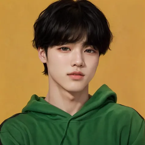 a close-up of a person with a green hoodie and a white face, park Jimin, Jimin, Jimin\the Greek nose, Jimin\fleshy lips, accurate Jimin face, Jimin\the right eyelid is swollen, jung jaehyun, hyung tae, Tae June Kim, Kim Doyoung, Yoongi with black hair, Retrato de Jossi do Blackpink