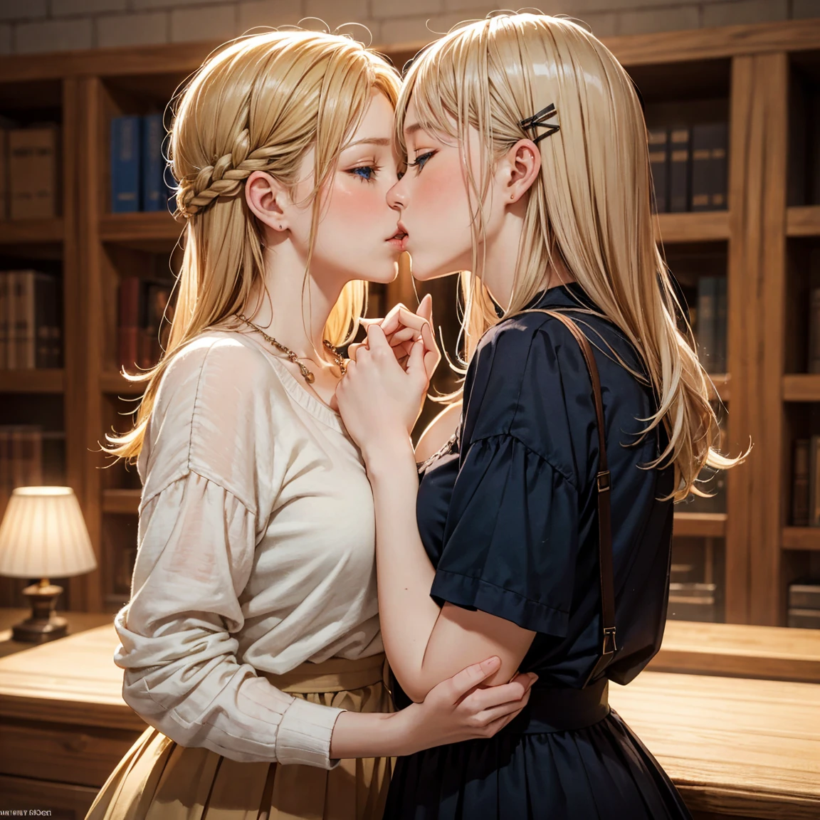 (​masterpiece),(top-quality:1.2),(two girls is deeply in love with each other:1.3), (kiss:1.2), (masuter piece:1.3),exquisitedetails, Highest quality 8K resolution, Ultra-detailed, Realistic, Vibrant colors, Soft tones, With warm and gentle lighting, A woman standing in a room wearing a skirt and sweater,  designed for cozy aesthetics, wide skirt, Styling, With short hair, simple style, Beige, 2 0, Dynamic!!, Cute:2, F / 2 0, Roots and hay coat, lookbook, Vivid), 9, jimin, ( Side ) profile  (Smooth straight blonde hair:1.2),(Hair parted in the middle:1.3),(Glowing hair),(Dark blue eyes:1.3),(Hands close to the face:1.4),White skin, hair clips,Small necklace,A gentle feeling overflows,The sun's rays illuminate joy and pure love, Warm golden glow,The atmosphere is full of happiness and laughter, As if celebrating love,Ultra-detailed depiction and vivid colors,A style that combines romanticism and realism,depth of love,color palettes,Create an ethereal atmosphere like a dream,Lighting is soft and diffused,masterpiece artwork, hand101