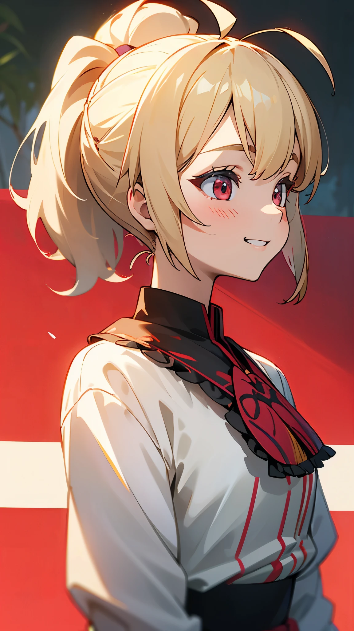 １girl、blonde、ponytail、Round red eyes、Ahoge、Blouse shirt with ethnic patterns and primary colors、Grin、profile、Upper body close-up、Morning Park、Background Blur, Written boundary depth