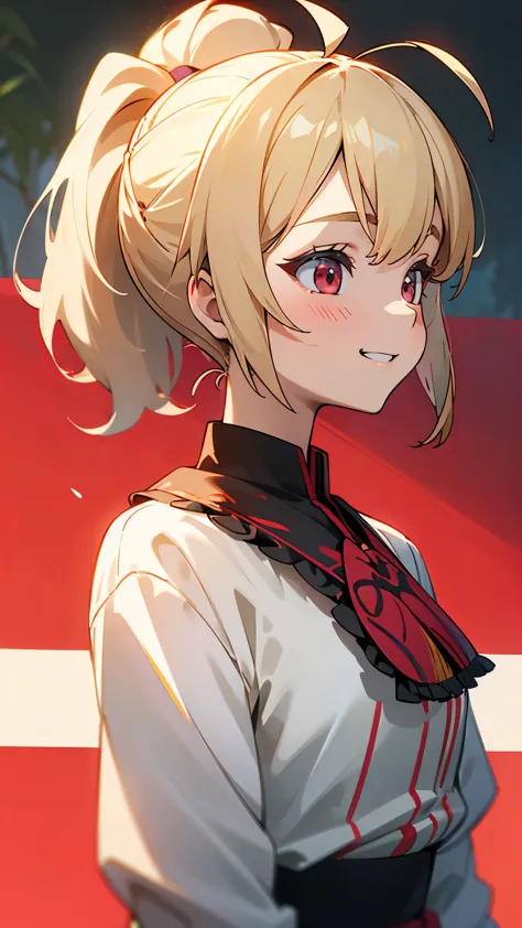 １girl、blonde、ponytail、round red eyes、ahoge、blouse shirt with ethnic patterns and primary colors、grin、profile、upper body close-up...