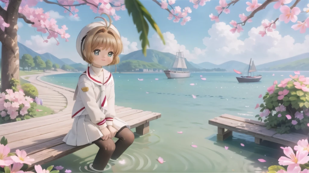 (masterpiece),  Outdoor,  cherry blossoms,  petal,  sunlight,  lake,  One Girl,  blush,  smile,  Medium Hair,  Sailor suit,Long skirt, Overgrown, petal, plant、Skirt lining、White slip、nostalgic、pantyhose（gray）、You can see the sea in the distance, Crotch close-up