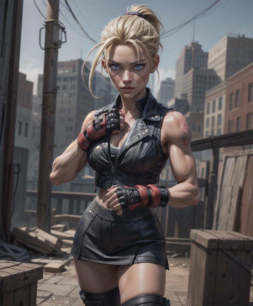 (((Full-length shot))),muscular build and medium breasts .., wears an open black leather vest.., black leather gloves, a short skirt and heavy boots. She has a punk rock look and blonde hair pulled back into a ponytail.no tattoos.Hyper-realistic close-up photo of Cammy, blue eyes, masterpiece,Best quality, (Photorealism: 1.4), Create dystopian masterpieces. Post-apocalyptic world. Pay attention to small details, sharp focus. The palms of the hands are clenched into fists.