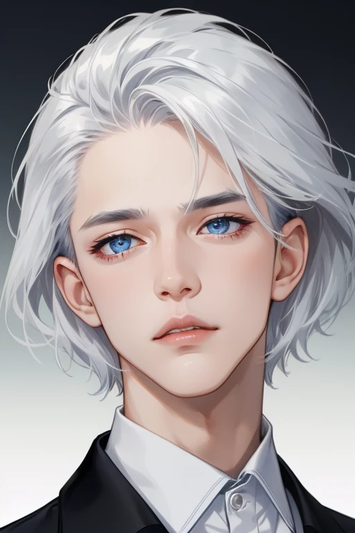 Boy, silver hair, blue eyes, serious sharp features, white skin, shiny lips, handsome, perfect, formal suit