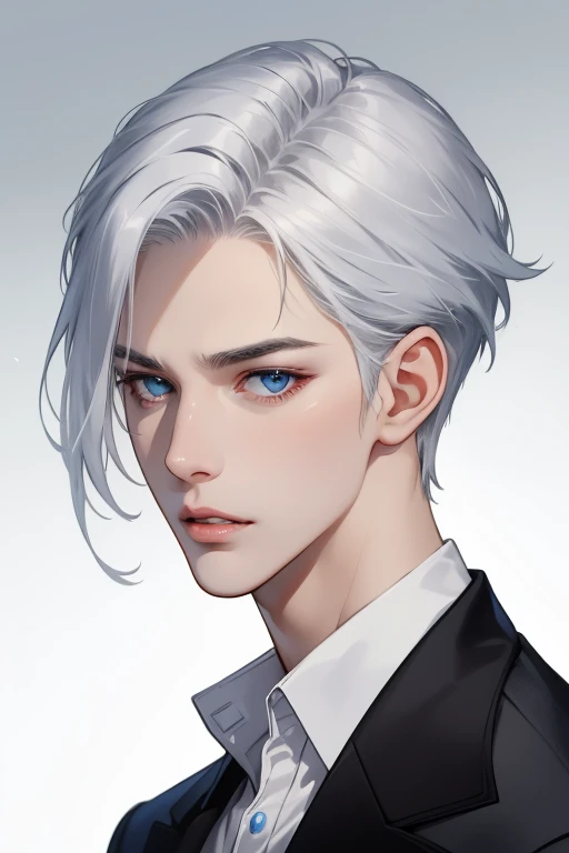 Boy, silver hair, blue eyes, serious sharp features, white skin, shiny lips, handsome, perfect, formal suit