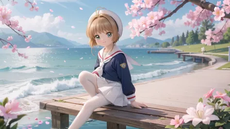 (masterpiece),  outdoor,  cherry blossoms,  petal,  sunlight,  lake,  one girl,  blush,  smile,  medium hair,  sailor suit,long ...