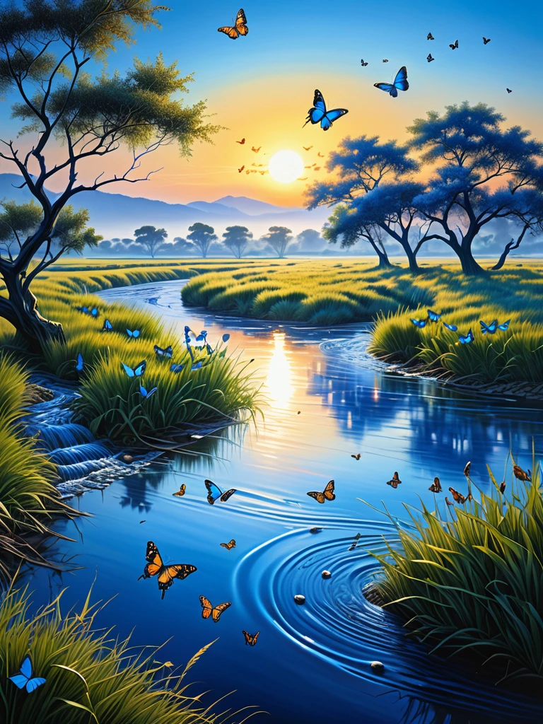 Hermosa obra maestra hiperrealista y súper detallada., que muestra un río misterioso, varias mariposas volando en color azul, como un árbol a la derecha como las ramas sobre la vista, campo de hierba a la izquierda, con el sol del atardecer, imagen humana de construcción humana negativa