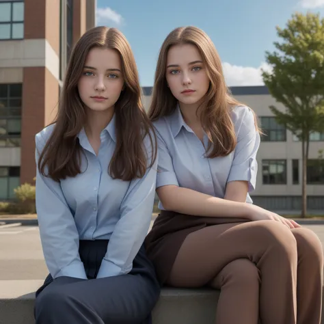 (((close up high definition))), two very calm beautiful teen aged pale school girls, wearing dark brown office shirt, sitting an...