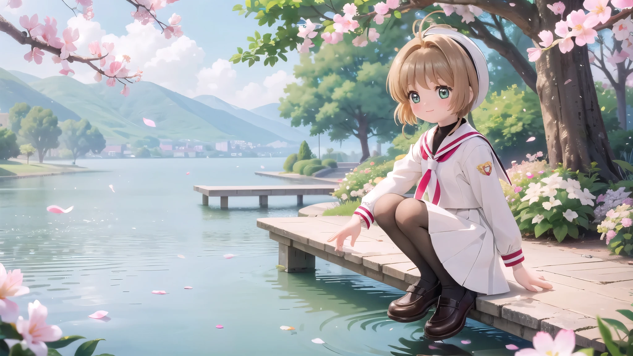 (masterpiece),  Outdoor,  cherry blossoms,  petal,  sunlight,  lake,  One Girl,  blush,  smile,  Medium Hair,  Sailor suit,Long skirt, Overgrown, petal, plant、Skirt lining、White slip、nostalgic、pantyhose（gray）、You can see the sea in the distance, Crotch close-up