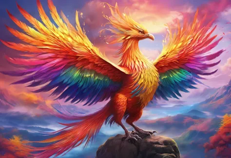 A realistic and beautiful phoenix is reborn , Very noticeable、There are many textured auras.The feathers are rainbow-colored、Flying gracefully through the sky、Fantastic landscape