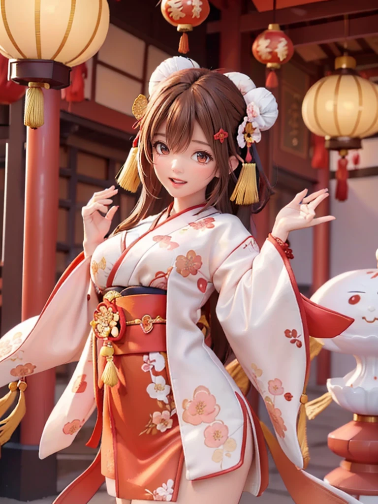 Wear shorts under,Create a series of Jappanese New Year themed decorative paintings，Greeting Cardasterpiece)，(best quality)，(official art)，(Beauty and aesthetics:1.2)，Two exquisite koi fish surround a cute ，elegant women must wear(Japanese fabric:1.2)exquisite kimono，She has brown twintails，Smiling happily to the audience，open mouth，All Greeting Cards should follow the same Japanese red solid background pattern and be complete within the image, exhibit (whole body, including legs: 1.5)，She must have a dark brown round head. Your eyes should be large and expressive，long eyelashes and rosy cheeks，Smile is delicate and white，elegant movements，Bonito Advanced Certificate, Hair texture and detailake the picture more Japanese style.The content is very detailed，alone，CNY,（fractal art：1.1），（a color：1.1）（blooming flowers：1.3），most detailed，（ tangled:1.2), (dynamic poses), (abstract background:1.3), (Japanese fabric:1.2), kimono，(skin glowing), (Many colors:1.4), Decorative painting：1.6，），brown hair,hair accessories, light,Ink painting and ink painting，ink，Double tail,Japanese clothes,red background,Big red lanterns hung high