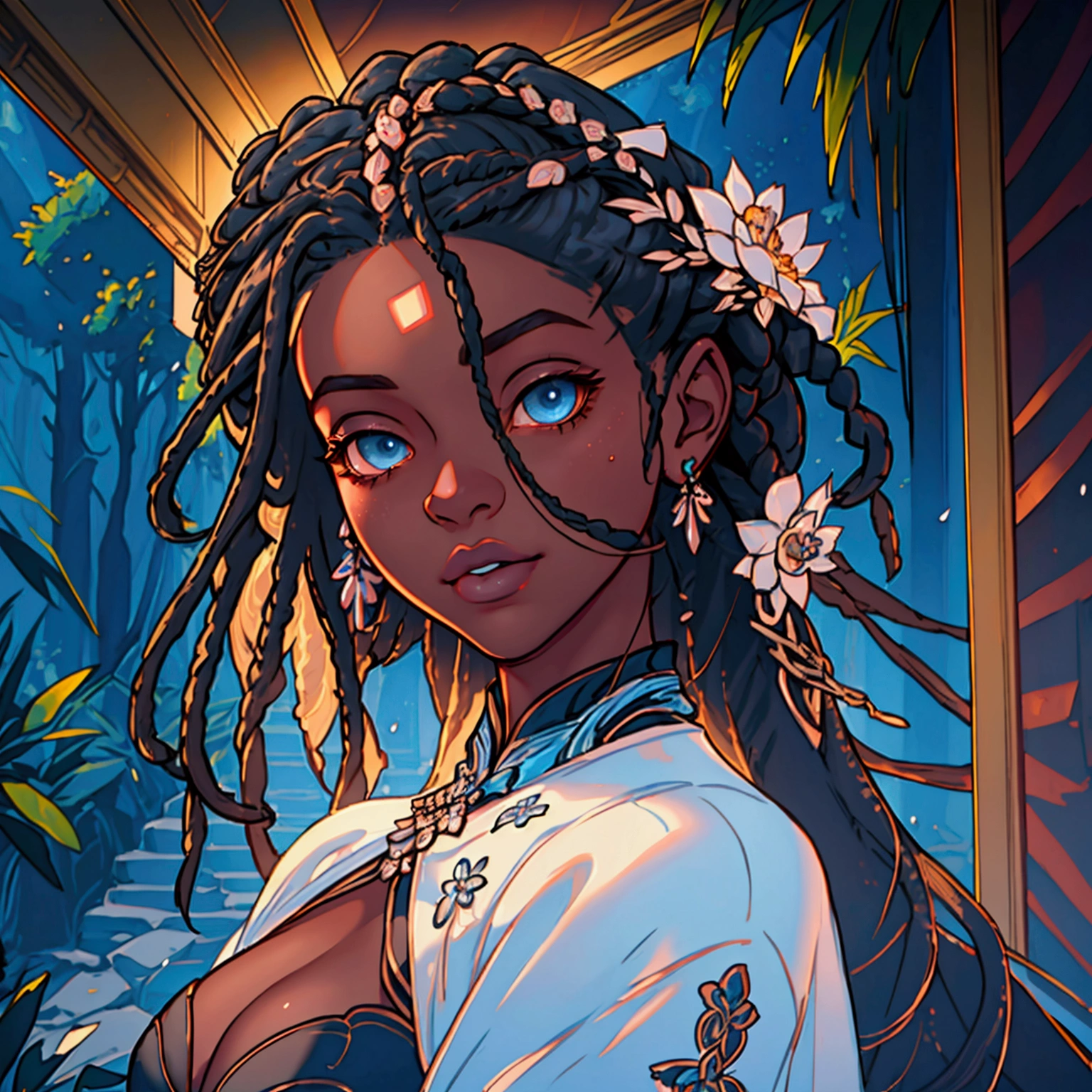 une belle fille à la peau d&#39;ébène,robe à fleurs,Séduisant,Doux,yeux bleus,longues dreadlocks blanches,traits du visage détaillés,Photoréaliste,très détaillé,détails complexes,éclairage naturel,palette de couleurs chaudes,Éclairage cinématographique,élégant,raffiné,chic,chef-d&#39;œuvre