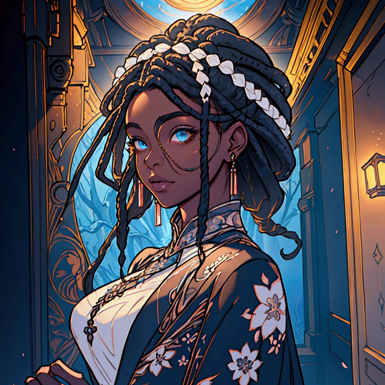 a beautiful ebony skinned girl,floral dress,alluring,soft,blue eyes,long white dreadlocks,detailed facial features,photorealistic,highly detailed,intricate details,natural lighting,warm color palette,cinematic lighting,elegant,refined,classy,masterpiece