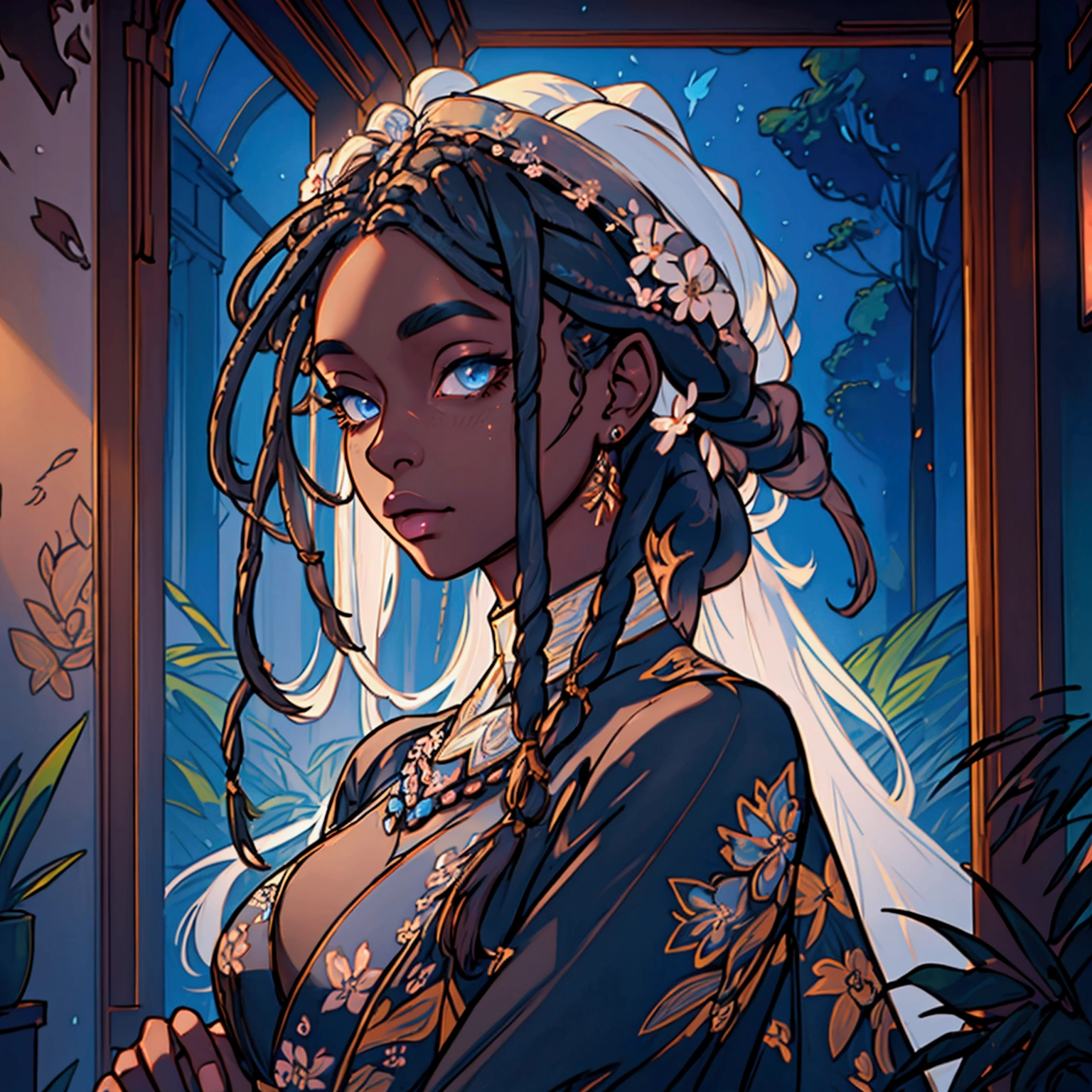 a beautiful ebony skinned girl,floral dress,alluring,soft,blue eyes,long white dreadlocks,detailed facial features,photorealistic,highly detailed,intricate details,natural lighting,warm color palette,cinematic lighting,elegant,refined,classy,masterpiece