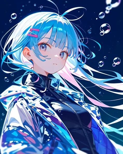 an anime girl, looking at viewer, bubbles, highly detailed, reflective transparent iridescent opaque jacket, long transparent ir...