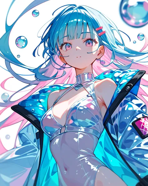 an anime girl, looking at viewer, bubbles, highly detailed, reflective transparent iridescent opaque jacket, long transparent ir...