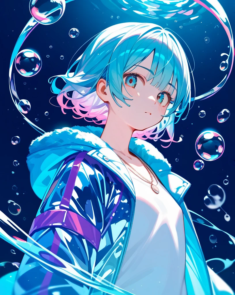 An anime girl, looking at viewer, bubbles, highly detailed, reflective transparent iridescent opaque jacket, long transparent iridescent RGB hair, beautiful, kawaii realistic portrait anime