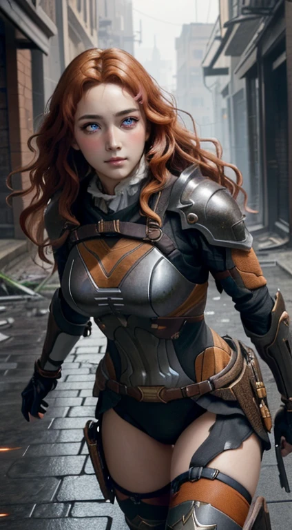 A pretty woman, orange eyes, (blushing nose), detailed eyes, cinematographic, drawn by Greg Rutkowski, Yoji Shinkawa: 0.6long curly orange hair, defined body, wearing detailed armor from the Victorian era (((Super strong)), masterpiece, Best Quality, ultra detailed, floor, destroyed city backfloor, darkness, contrast, grey sky, style (look at the viewer: 1.2) (skin texture) (film grain:  1.3), ultra high resolution, Octane rendering, 16k