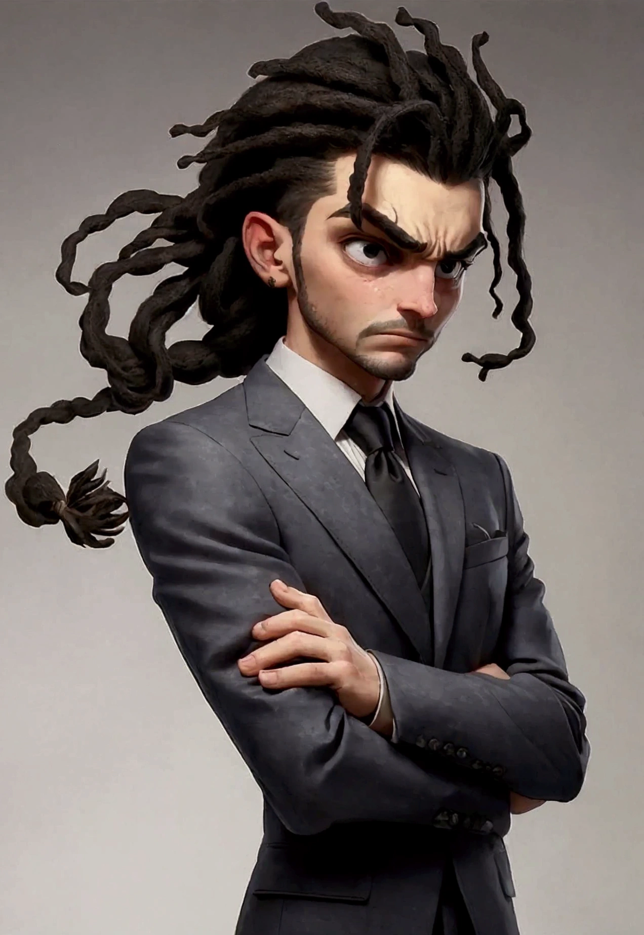 The man in the image has an expression of obvious anxiety. His eyes are wide, showing worry and uncertainty. Your eyebrows are raised and arched, accentuating the expression of anguish. Your mouth is slightly open and your lips are tense, indicating nervousness. O cabelo estilo dreadlock, combined with a gray suit, creates an interesting contrast between an alternative look and a possibly formal or stressful situation. His posture also suggests discomfort, with shoulders slightly raised and neck stretched, as if you were dealing with a situation of high pressure or tension.