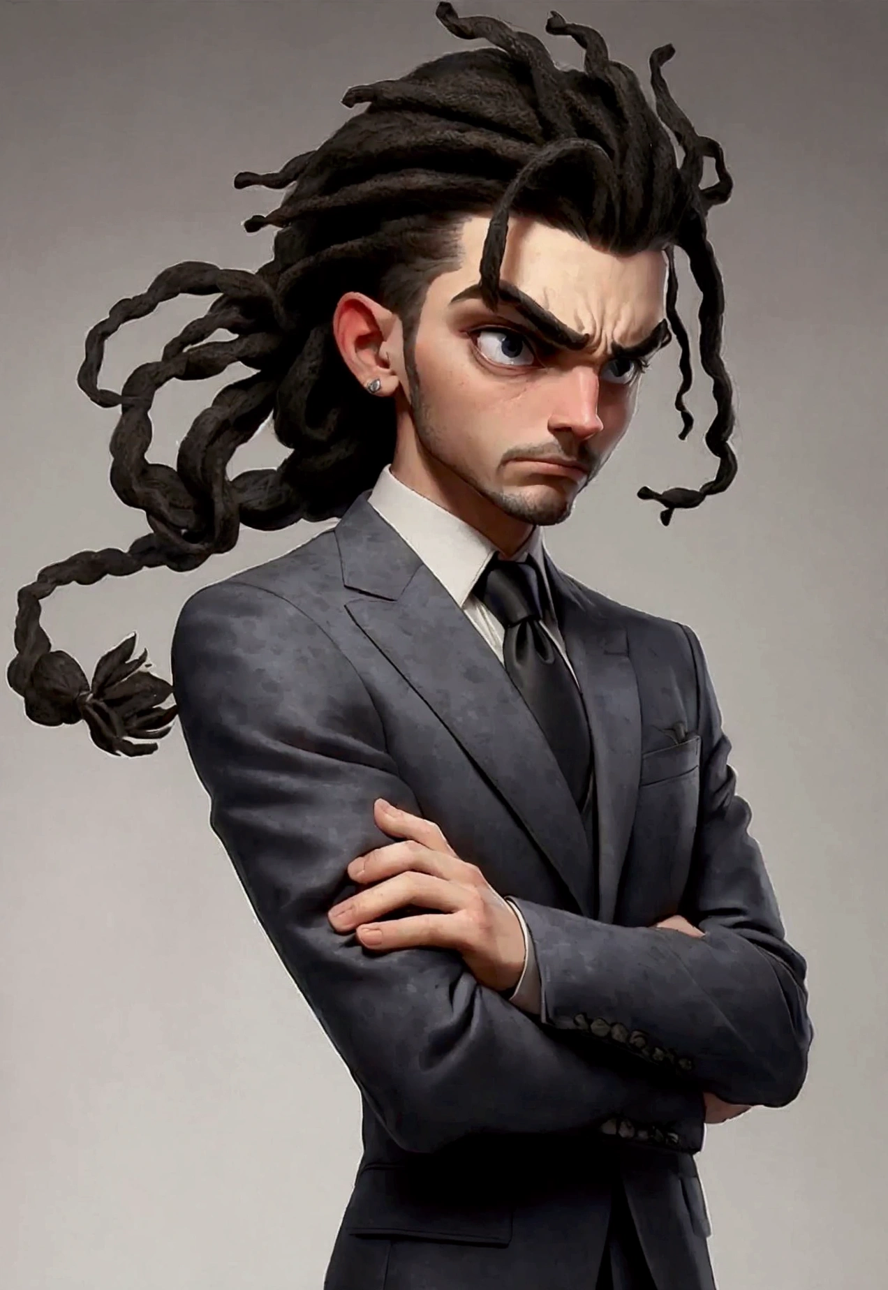 The man in the image has an expression of obvious anxiety. His eyes are wide, showing worry and uncertainty. Your eyebrows are raised and arched, accentuating the expression of anguish. Your mouth is slightly open and your lips are tense, indicating nervousness. O cabelo estilo dreadlock, combined with a gray suit, creates an interesting contrast between an alternative look and a possibly formal or stressful situation. His posture also suggests discomfort, with shoulders slightly raised and neck stretched, as if you were dealing with a situation of high pressure or tension.