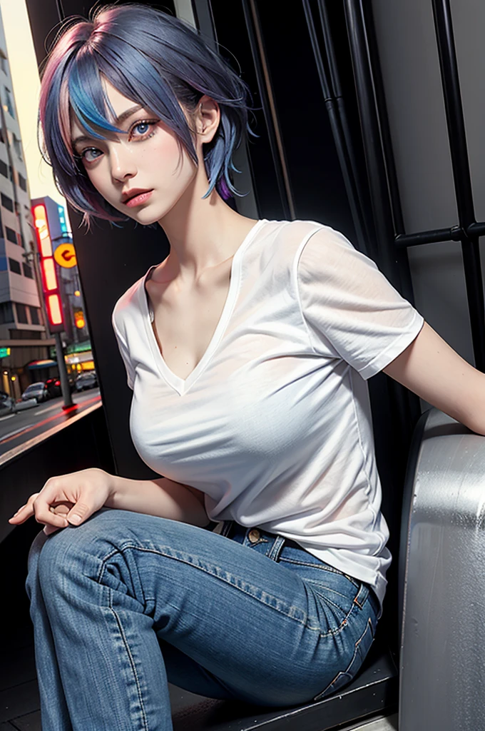 Firm breasts, rainbow hair, short hair, Rainbow straight hair, right blue eye, Red eye on left side, white transparent shirt,  jeans night city,  