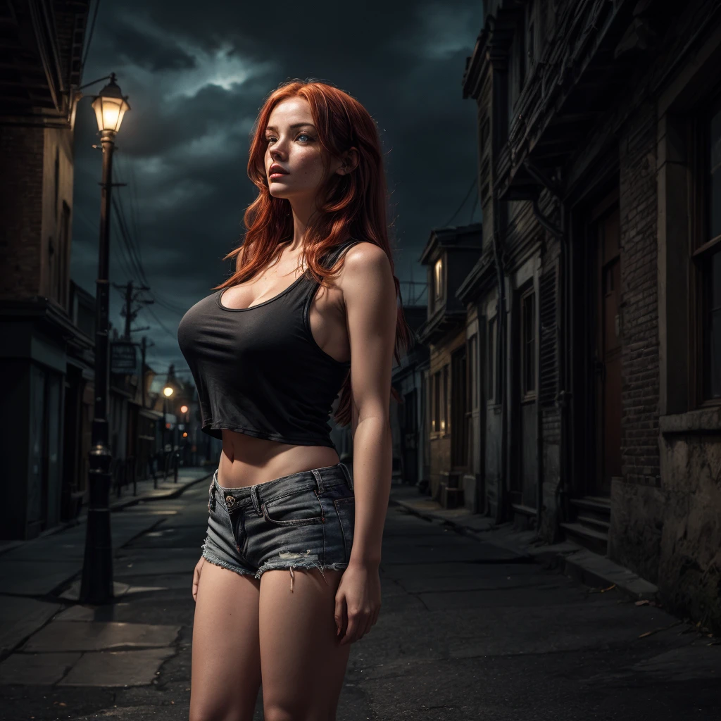 Beautiful woman with long red hair, bright blue eyes, freckles and full lips, very big breasts, wearing a black tank top and jean shorts with fishnets, she stands on a dark street at night, darkness all over, shadows and gray clouds