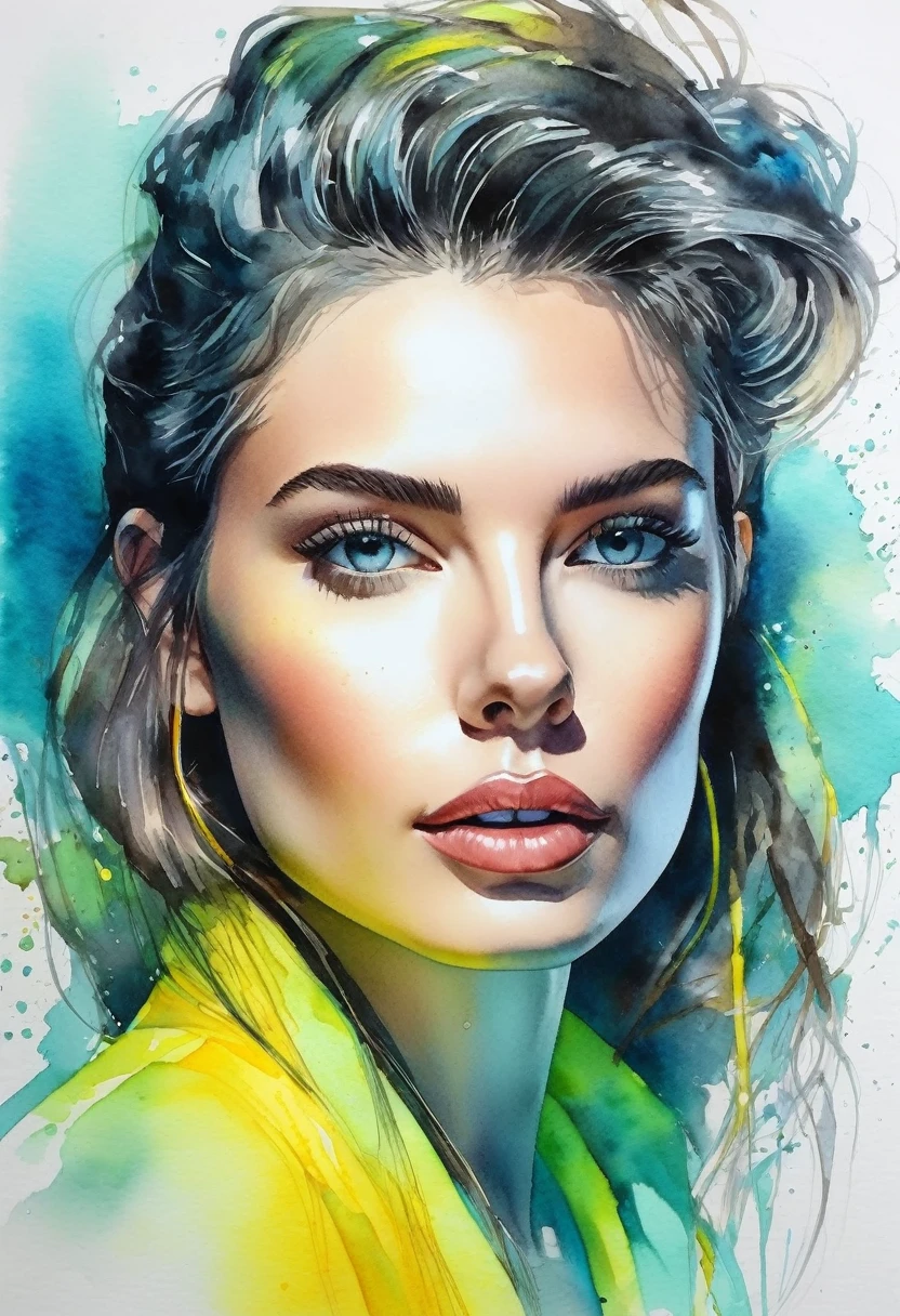 watercolor painting of a beautiful woman in a neon, High detail, portrait, light studio, colorful, high precision, strong, classic, water color ink, yellow and turquoise, ultra clear