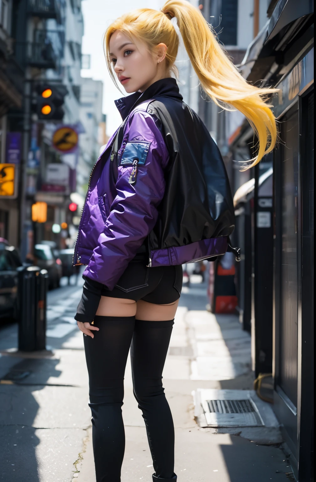 Yamanaka ino, yellow hair, ponytail, blue eyes, purple jacket, modern city background, ultra realistic, ultra detailed, best quality, masterpiece.