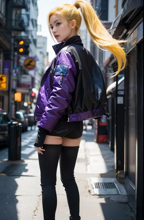 Yamanaka ino, yellow hair, ponytail, blue eyes, purple jacket, modern city background, ultra realistic, ultra detailed, best qua...