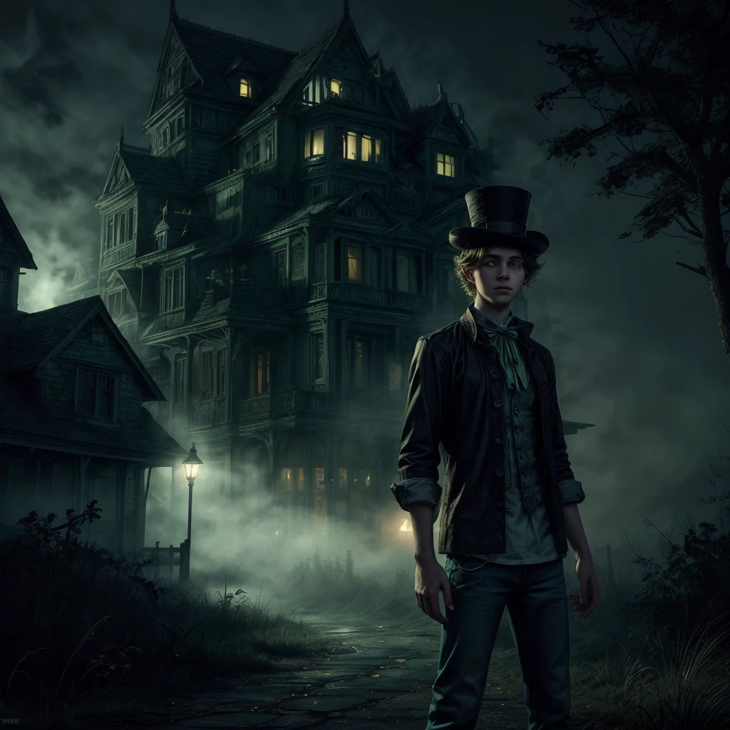 A  teenage boy with pale skin and green eyes wearing a mad hatter green top hat and  wearing jeans and a tshirt, standing in front of an old haunted house at night while the shadows creep from every side and the mist fills the air, the fog of nostalgia fills the air and thunder crackles in the sky