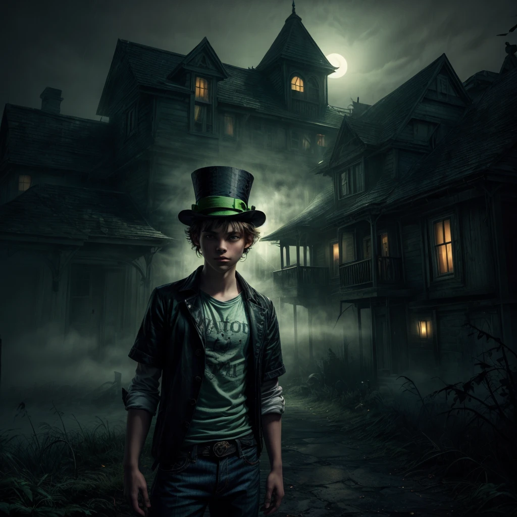 A  teenage boy with pale skin and green eyes wearing a mad hatter green top hat and  wearing jeans and a tshirt, standing in front of an old haunted house at night while the shadows creep from every side and the mist fills the air, the fog of nostalgia fills the air and thunder crackles in the sky