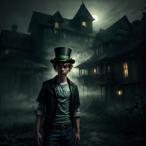 A  teenage boy with pale skin and green eyes wearing a mad hatter green top hat and  wearing jeans and a tshirt, standing in fro...