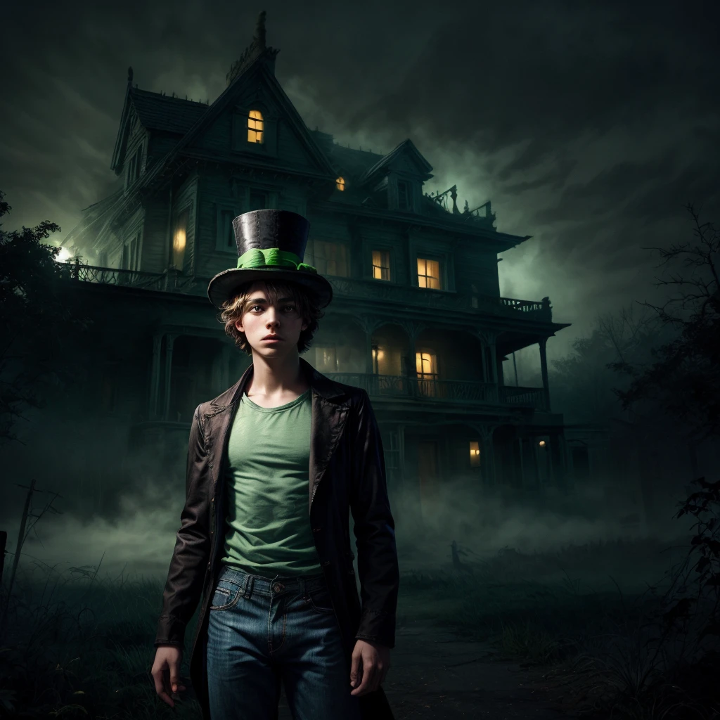 A  teenage boy with pale skin and green eyes wearing a mad hatter green top hat and  wearing jeans and a tshirt, standing in front of an old haunted house at night while the shadows creep from every side and the mist fills the air, the fog of nostalgia fills the air and thunder crackles in the sky