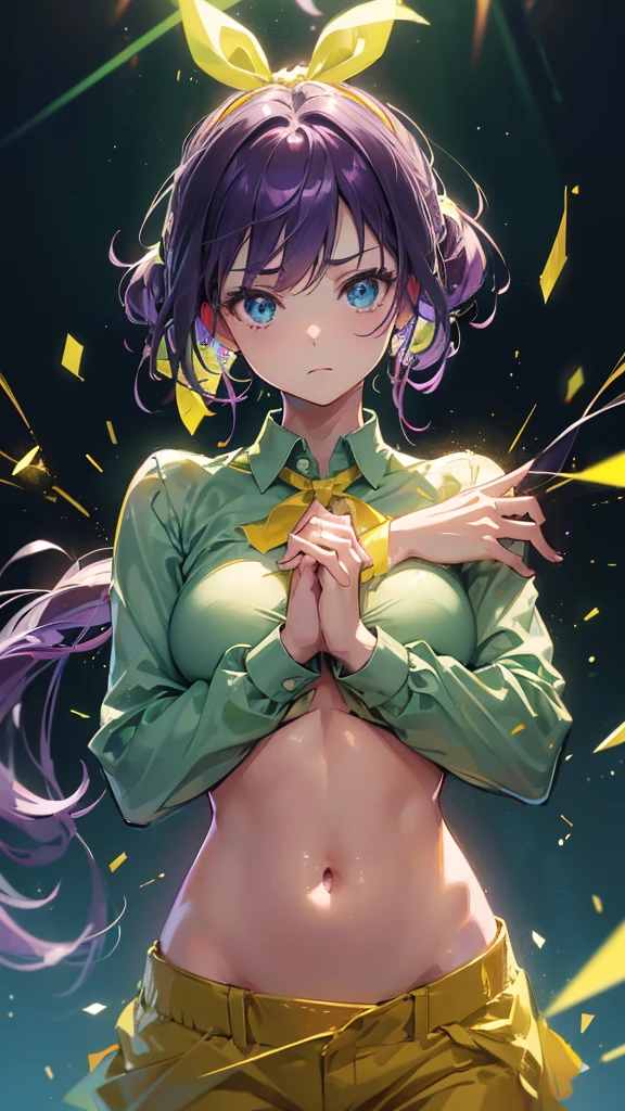 Highest quality, Super detailed, Highest quality, Very detailed, beautiful, masterpiece, 8k, 
Breaking colorful background, Refraction Glowing white lines ,Crossing Light,Particles of light break 1 Woman, Purple Hair, Long Hair, High Ponytail, (Hair Ribbon :1.2) , Yellow Ribbon, Ribbon in hair, blue eyes, Very detailed目,Stand Collar Shirt, (Light green shirt:1.5), mooring,( yellow pants:1.1) ,Abdominal muscles, belly button, (A shirt with the hem tied in front:1.0), Showing cleavage,
break
Upper body, (own hands together:1.5),(great joy;1.5) ,(Make a frown:1.1), (Staring at the audience:1.5), ,(Ecstasy:1.3) ,(Vulgarity:1.3),(Wet:0.8),(Drooling:0.6),(Sweat:0.8),