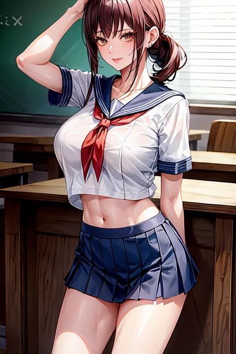 makima (chainsaw man), woman, sexy woman, mature female, mommy, sharp eyes, detailed lips, big breast, short sleeves sailor unif...