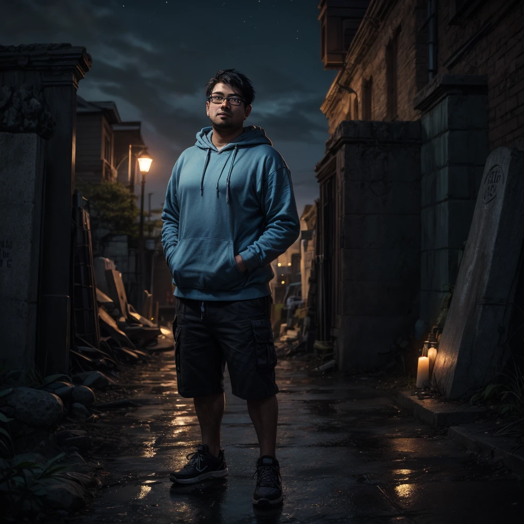 A fat polynesian male 20something with black rimmed glasses, a serious expression, a smirk and blue spiky short hair, he is wearing a blue hoodie, cargo shorts and sneakers, he is standing at the entrance of a graveyard at night while showing his fists to the camera