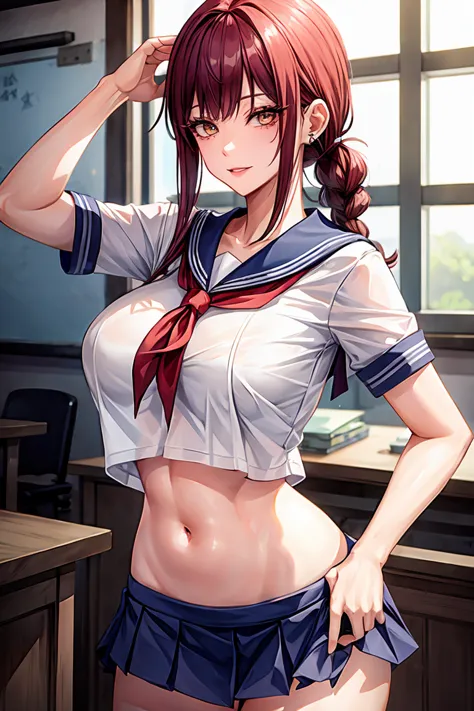 makima (chainsaw man), woman, sexy woman, mature female, mommy, sharp eyes, detailed lips, big breast, short sleeves sailor unif...