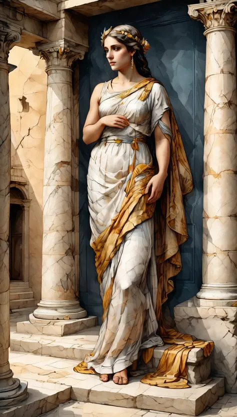 Detailed Ancient Greek Painting, Ancient Greek Art, Classical Greek Style Clothing, Greek Mythology, Greek Architecture, Greek Column, Greek Goddess, Greek Marble Sculpture, Greek Vase Painting, Greek Temple, Mediterranean Landscape, Detailed Classical Realism, Cinematic Lighting, Dramatic Colors, Masterpiece, High Quality, Photorealistic, 8k