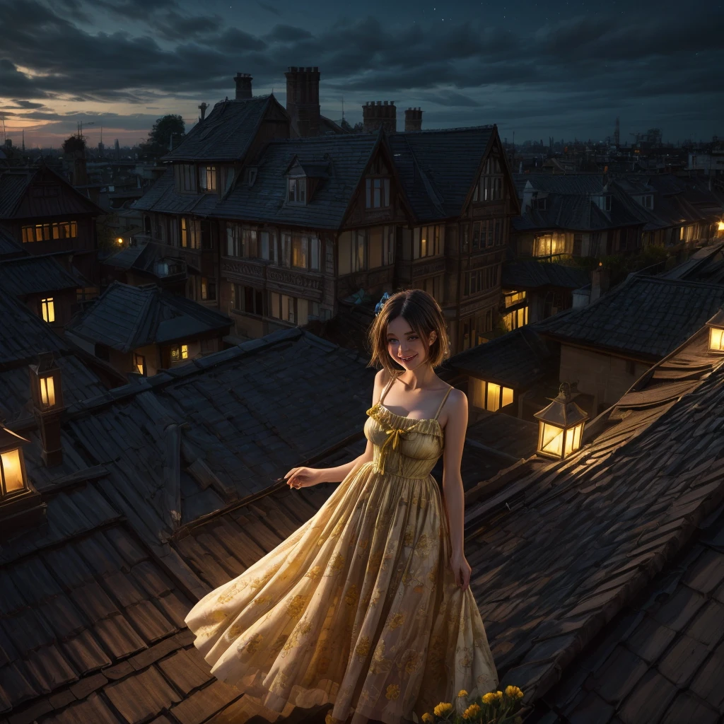 Una mujer muy delgada que llevaba un vestido de flores amarillas., con ojos azules, Cabello castaño claro, una nariz larga y una sonrisa feliz, y está de pie tomando té en la azotea de una casa victoriana por la noche