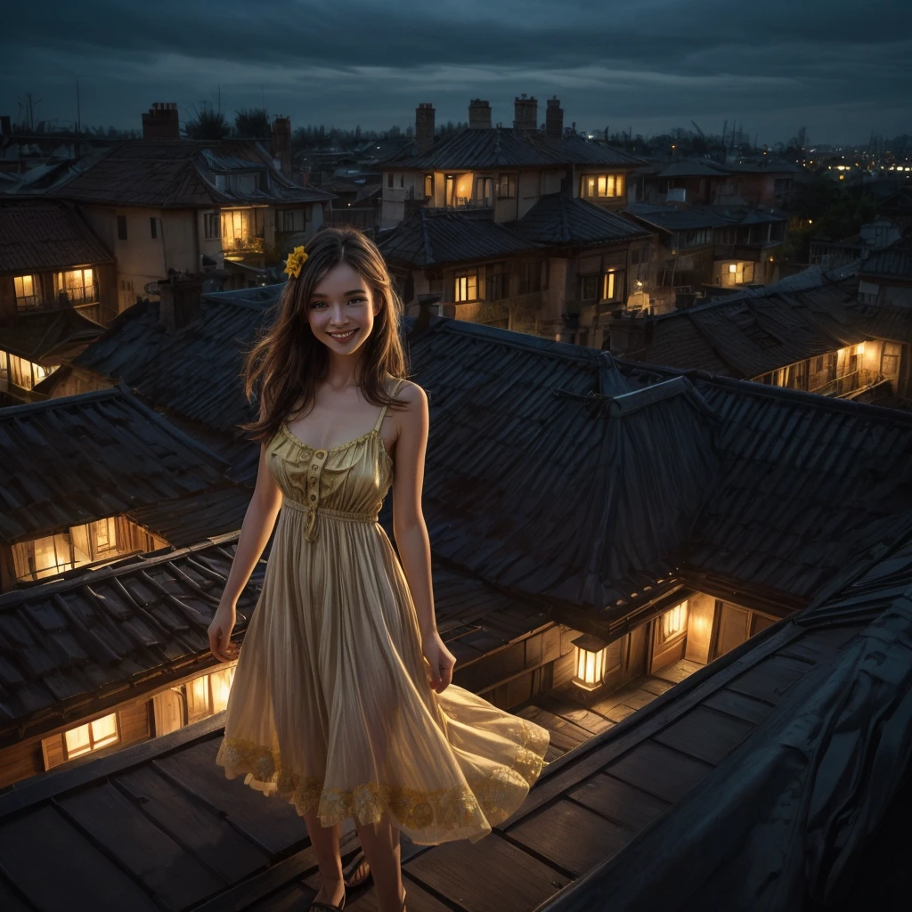 A very thin woman wearing a yellow flower sundress, with blue eyes, light brown hair, a long nose and a happy smile, and is standing drinking tea out in on a rooftop at night in a victorian house