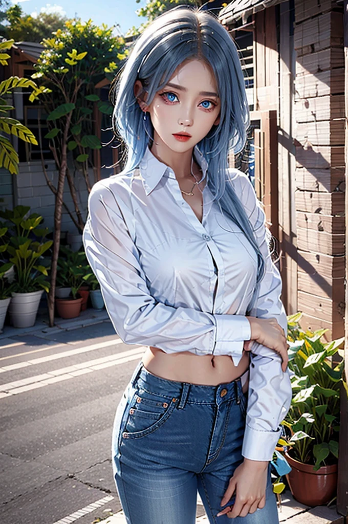 Firm breasts, rainbow hair, short hair, Rainbow straight hair, right blue eye, Red eye on left side, white transparent shirt,  jeans night city,  